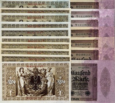 德国老马克共17枚，详分：1910年1000马克共10枚，1923年100000马克共7枚，均为全新品相