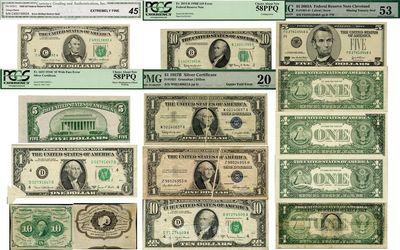 美国纸币错版共14种不同，详分：1862年10分（背面图案上下套印移位）；1935年1美元（正面折白）；1935年1美元（背面透印正面图）；1957年1美元（正面折白）；1969年1美元（左下角福耳）；1969年1美元（背面金字塔处漏印花纹）；1974年1美元（背面右边叠印正面花纹）；1974年1美元（背面左边叠印正面花纹）；1934年5美元（背面印刷移位）；1985年5美元（