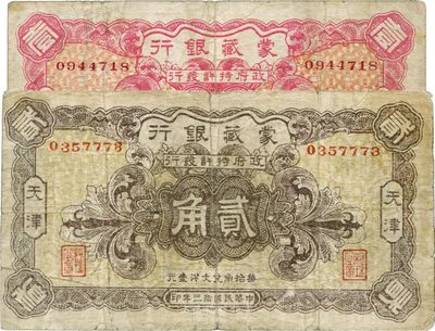 民国拾三年（1924年）蒙藏银行壹角、贰角共2枚全套，天津地名，七成新