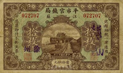 民国十三年（1924年）江苏平市官钱局拾枚，徐州地名，台湾藏家出品，自然七成新