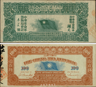 中华民国金币券壹百员，由中华革命党总理孙文等签名，森本勇先生藏品，罕见且上佳品相，八五成新