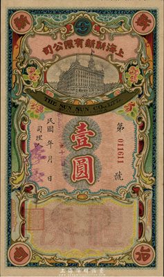 民国廿七年（1938年）上海新新有限公司礼券壹圆，上印新新大楼图，此乃老上海四大百货公司之一；香港集趣堂藏品，少见，九五成新