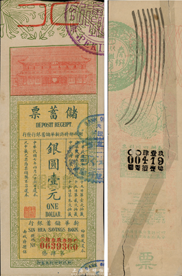 老彩票2种，详分：1911年奏辦四川彩票，有修补，六成新；（财政部特许新华储蓄银行）储蓄票1915年银圆壹元，八成新