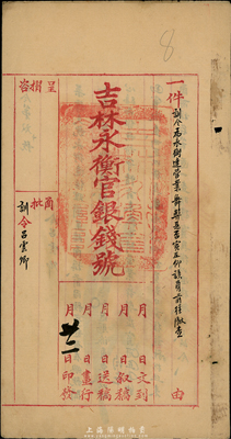 民国六年（1917年）吉林永衡官银钱号“训令”一件，由署理吉林财政厅长兼永衡官银钱号督办等签署；台湾藏家出品，保存甚佳，敬请预览