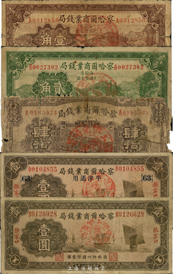 察哈尔商业钱局纸币5种，详分：1933年张家口壹圆、张家口·平津通用壹圆，1935年肆拾枚、壹角、贰角；此5种正面均加盖“怀来·察南银行监理官”戳记，属日伪政权发行，少见，五至八成新，敬请预览