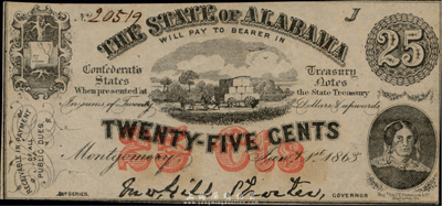 1863年（美国）亚拉巴马州(Alabama)政府25美分，华侨前辈藏家出品，九八成新