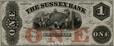 18xx年（新泽西州）苏塞克斯银行(Sussex Bank)1美元，美国早期商业银行纸币，华侨前辈藏家出品，全新