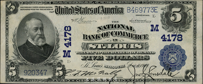 美国国家银行券(National Currency)1909年5美元，由密苏里州圣路易斯的国民商业银行(National Bank of Commerce)领用发行，早期版大型尺寸，华侨前辈藏家出品，少见，九成新