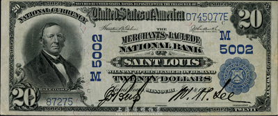 美国国家银行券(National Currency)1915年20美元，由密苏里州圣路易斯的拉克利德招商国民银行(Merchants-Laclede National Bank)领用发行，早期版大型尺寸，华侨前辈藏家出品，少见，八成新