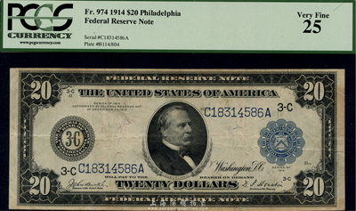 美国联邦储备券(Federal Reserve Notes)1914年20美元，库印为费城(Philadelphia)发行；早期版大型尺寸，华侨前辈藏家出品，八成新