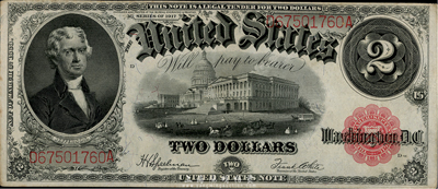 美国联邦券(Legal Tender)1917年2美元，早期版大型尺寸，华侨前辈藏家出品，九成新