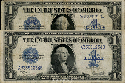 美国银币券(Silver Certificates)1923年1美元共2枚，早期版大型尺寸，华侨前辈藏家出品，七至八成新