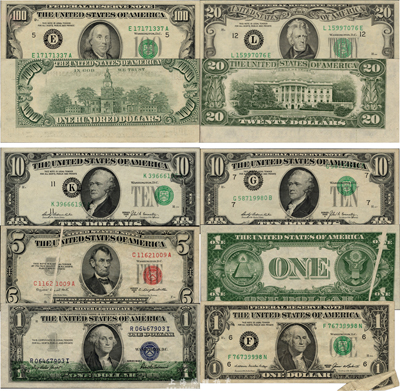 美国纸币错版共8种不同，详分：1935年1美元（背面折白）；1935年1美元（正面套印有背面绿色花纹）；1985年1美元（右下角福耳）；1953年5美元（正面折白）；1969年10美元（库印和号码均向上套印移位）；1969年10美元（库印和号码均向右套印移位）；1985年20美元（背面图案向上移位出界）；1990年100美元（背面图案向上移位出界）；此种错版美金收集极为不易，尤