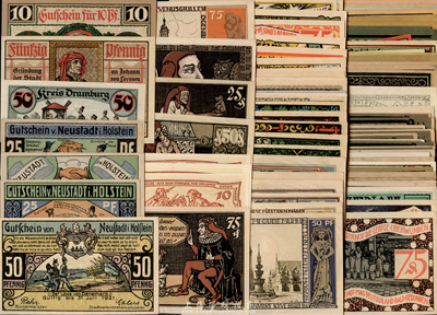 1921-23年德国紧急纸币共100枚不同，海外藏家出品，品种丰富，图案美观，大体约九成至全新，敬请预览
