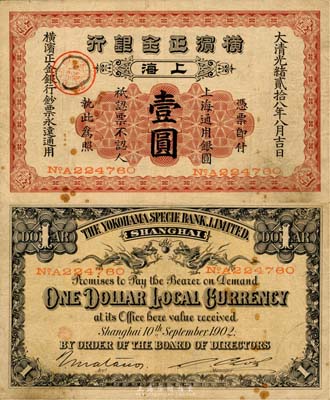 光绪贰拾八年（1902年）横滨正金银行壹圆，上海地名，森本勇先生藏品，少见，近八成新