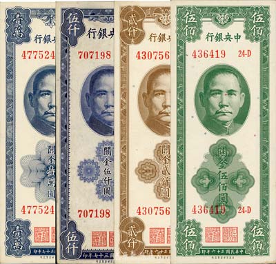 中央银行关金保安版共4枚全套，详分：1947年伍佰圆、贰仟圆，1948年伍仟圆、壹万圆；森本勇先生藏品，九五至全新，敬请预览