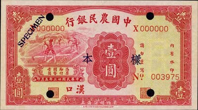 民国廿三年（1934年）中国农民银行壹圆样本券，汉口地名，仅有正面；森本勇先生藏品，九八成新