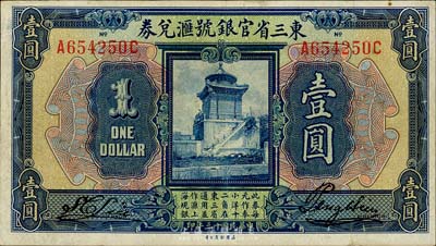 民国十三年（1924年）东三省官银号汇兑券壹圆，森本勇先生藏品，八成新