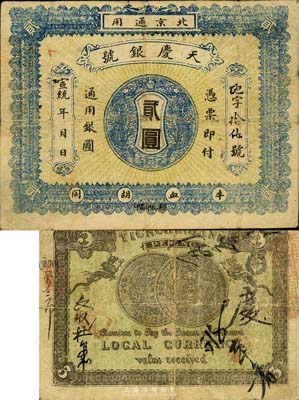 宣统年（1909-11年）天庆银号贰圆，北京地名，背印两枚北洋银币图；森本勇先生藏品，源于香港名家陈建宇先生之旧藏，少见，七成新