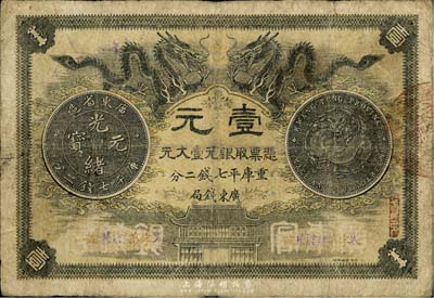 光绪三十年（1904年）广东钱局第一版壹大元，北洋官报印，少见，七成新