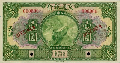 民国十六年（1927年）交通银行绿色壹圆样本券，天津地名，香港藏家出品，全新