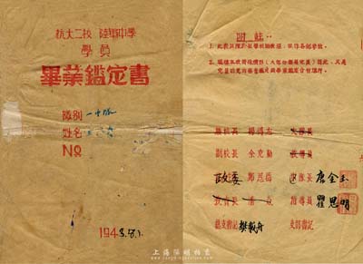 1943年八路军《抗大二校陆军中学学员毕业鉴定书》一份，内中记录学员王存贵之详细履历及评价，其中封三页印有“校长杨得志、副校长余克勤”等姓名；抗大，全称中国人民抗日军政大学，其前身为中国抗日红军大学，其性质相当于“黄埔军校”；抗大二分校于1938年12月在晋察冀边区建立（后更名为华北军政大学，即石家庄陆军指挥学院）；少见品，保存尚可，敬请预览