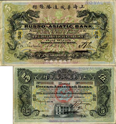 1914年上海华俄道胜银行伍圆，上海地名，双龙图印刷极为精致；森本勇先生藏品，罕见，八成新