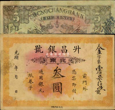 光绪年（北京）升昌银号叁圆，址设前门外纸...