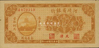 民国廿一年（1932年）河北省银行铜元贰拾枚，天津地名，森本勇先生藏品，九八成新