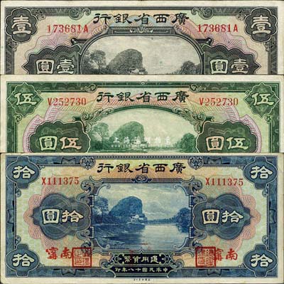 民国十八年（1929年）广西省银行美钞版壹圆、伍圆、拾圆共3枚全套，南甯地名；森本勇先生藏品，八成新