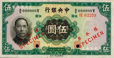 民国二十五年（1936年）中央银行华德路版伍圆样本券，正背共2枚，圆体号码，李觉·黄秀峰签名；森本勇先生藏品，全新