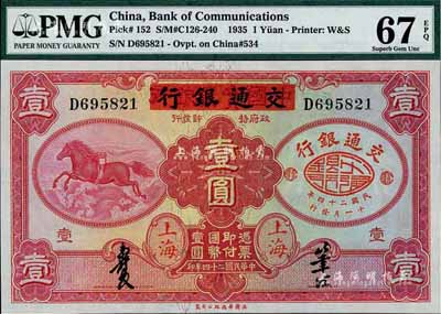 民国二十四年（1935年）中国实业银行改交通银行红飞马壹圆，D字轨，全新