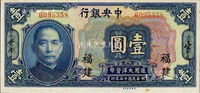 民国十五年（1926年）中央银行大洋壹圆，福建地名，九八成新