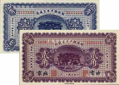民国十二年（1923年）财政部平市官钱局壹角、北京贰角共2枚不同，台湾藏家出品，全新