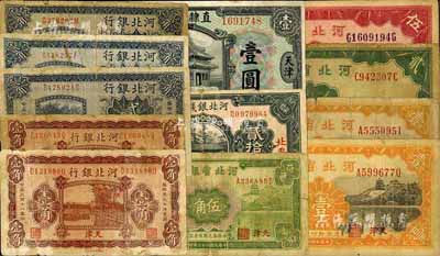 河北省钞12枚，详分：直隶省银行1920年天津壹圆；河北银行1929年天津壹角2枚、贰角3枚；河北省银行1934年伍角、壹圆2枚、贰圆、伍圆；河北银钱局1936年北平贰拾枚；五至八成新，敬请预览