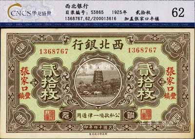 民国十四年（1925年）西北银行铜元贰拾枚，张家口·丰镇地名，未折九五成新