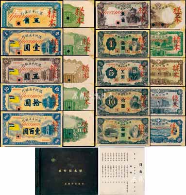 《满洲中央银行·纸币样本帖》大型精美样本册1本，内含：满洲中央银行甲号券五色旗版五角、壹圆、五圆、拾圆、壹百圆样本券5种大全套，乙号券棕色财神五角、壹圆、五圆、拾圆、绵羊百圆样本券5种大全套，2套正背共计20枚，均镶嵌于册中；此种格式之样本册，可谓精致无比、难得一见，据出品前辈藏家相告：此乃昔年该行馈赠政要人物之专用，非一般样本券可与之比拟；难得佳品，且品相一流，敬请预览和珍视