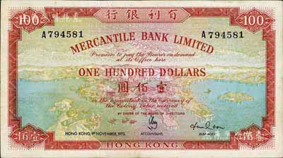 1973年（香港）有利银行壹佰圆，海外回流品，八成新