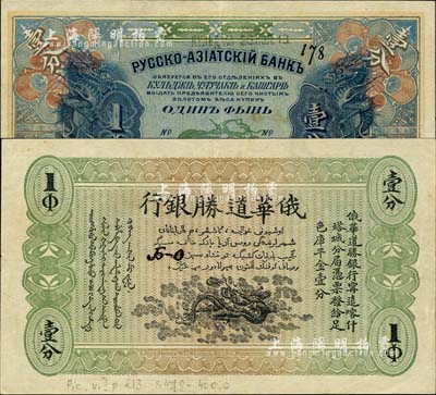 1913年俄华道胜银行·足色库平金壹分，新疆甯远、喀什、塔城分局通用；森本勇先生藏品，罕见且难得佳品，九成新