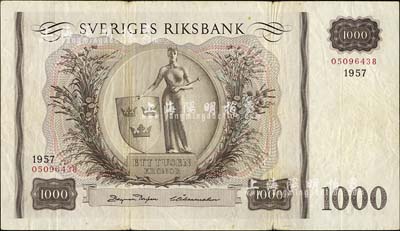 瑞典1957年1000克朗，此为最大面额券，海外藏家出品，七五成新
