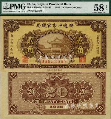 民国二十四年（1935年）绥远平市官钱局贰角，西北实业公司印刷厂制，诚属难得之一流品相，全新