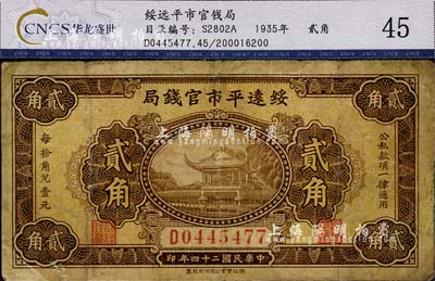 民国二十四年（1935年）绥远平市官钱局贰角，七成新