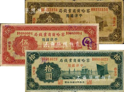 民国廿二年（1933年）察哈尔商业钱局壹圆、伍圆、拾圆共3枚全套，均为张家口·平津通用地名（无领券数字版，背面“平津通用”为楷体字样者），属第三版发行券；少见，七至八成新