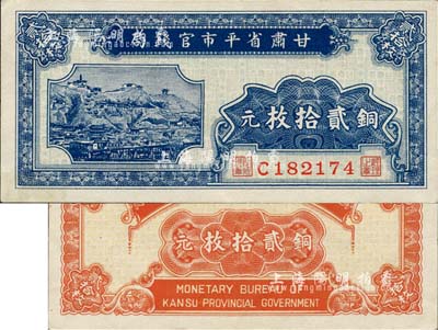 民国无年份版·甘肃省平市官钱局铜元贰拾枚，难得佳品，未折九六成新