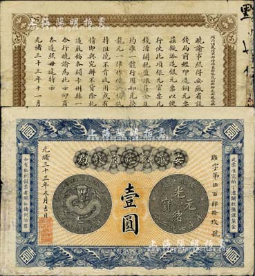 光绪三十三年（1907年）安徽裕皖官钱局壹圆，黟字号，图文清晰，已属上佳品相；柏文先生藏品，八五成新