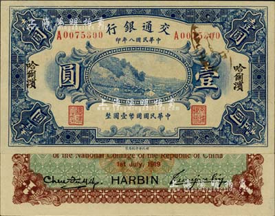 民国八年（1919年）交通银行壹圆，哈尔滨地名，单字轨，曹汝霖·陈福颐签名；柏文先生藏品，全新（江南听雨轩按：此种哈尔滨地名壹圆券，共分两种签名：第一种为无字轨，曹汝霖·谢霖签名；第二种为单字轨，曹汝霖·陈福颐签名；在本场拍卖之南宁刘绍峰先生的专场中恰逢巧合也有1枚，即Lot 990号，签名即与柏文先生的这枚不同，钞友可与之对比！）