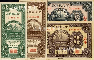 河北银钱局铜元票4种，详分：1936年拾枚、贰拾枚，北平地名；1938年肆枚、陆枚；台湾明德堂藏品，九至九八成新