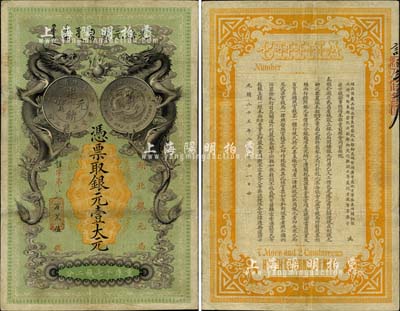 光绪二十五年（1899年）湖北银元局·银元壹大元，背印湖广总督张之洞、湖北巡抚于荫琛之告示；此钞由日本所印制，图案美观且极富霸气，乃清代钞票之名誉佳品；图文清晰，近八成新，敬请关注