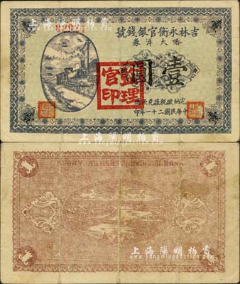 民国二十一年（1932年）吉林永衡官银钱号哈大洋券壹圆，盖有“监理官印”；此券存世鲜为人知，当属东北义勇军时代所发行；台湾藏家出品，源于日本前辈名家片冈裕（汤岛）之旧藏，珍罕，八成新