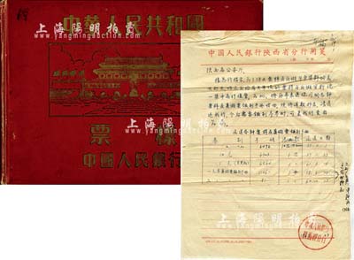 中国人民银行第二版人民币票样册1本，内中为空册，但首页贴有1967年“中国人民银行陕西省分行致陕西省公安厅”公函一则，其内容为要求省公安厅将各种票样及真假票鑑别手册收回，并送回银行等情；保存尚佳，敬请预览